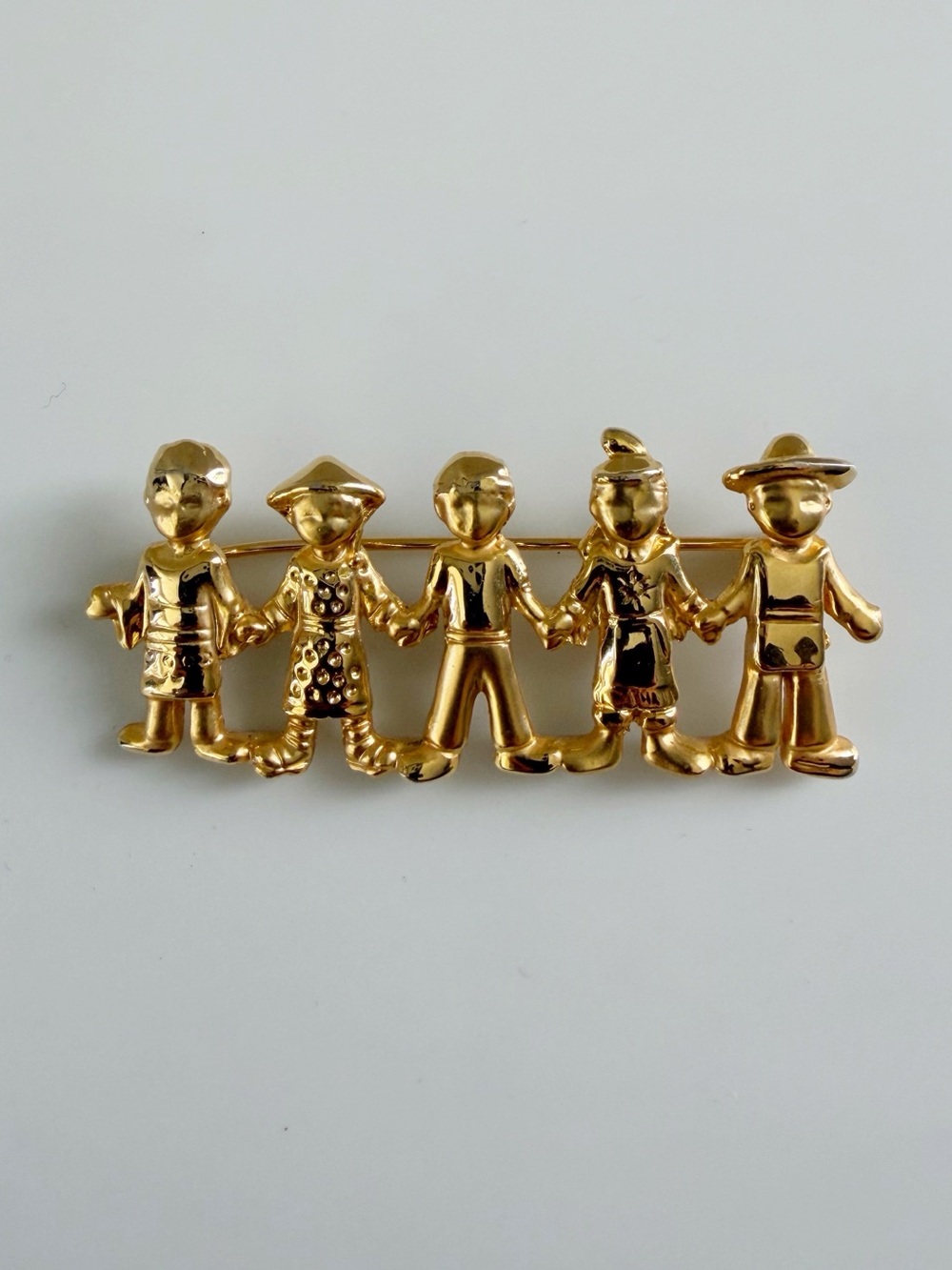 Vintage Children Around The World Yellow Tone Brooch Pin
